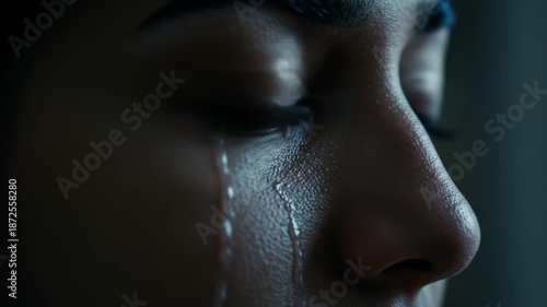 Close-up of a crying dark-skinned person with tears streaming down their cheek in a dark background. Perfect for emotional scenes, dramas, and mental health materials.