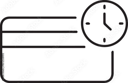 Minimalist black line vector icon featuring a credit card with a clock in the upper right corner, symbolizing scheduled payments, transaction timing, or financial deadlines.
