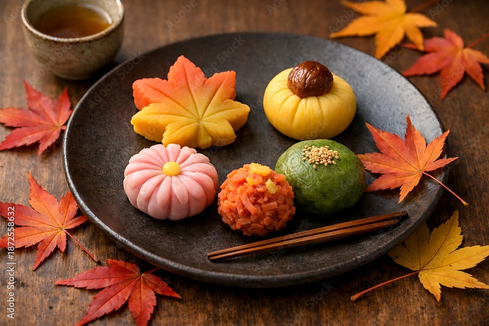 custom made wallpaper toronto digitalAutumn Themed Wagashi Sweets Assortment with Maple Leaves