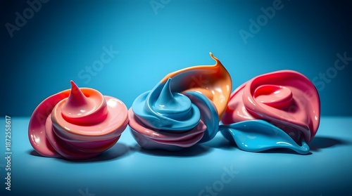 Dreamy abstract cosmetic cream spreads with studio lighting against a bright blue background.