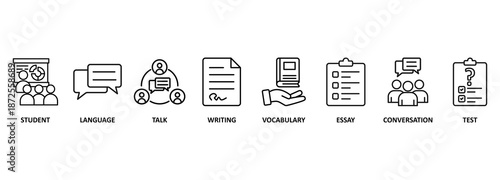 English class banner web icon vector illustration concept with icon of student, language, talk, writing, vocabulary, essay, conversation, test 