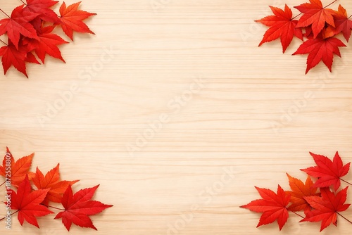 Wallpaper Mural Red autumn maple leaves border on light wooden background texture Torontodigital.ca