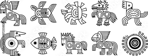 Ancient tribal symbol collection with detailed line art and ethnic glyph designs