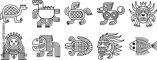 Mythical tribal creature illustration set with bold cultural line patterns
