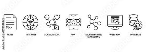 Cross media banner web icon vector illustration concept with icon of print, internet, social media, app, multichannel marketing, webshop and database 