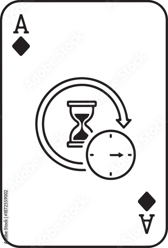 Minimalist vector of an Ace of Diamonds playing card featuring a central hourglass and clock icon with a circular arrow, symbolizing time management and strategic planning.