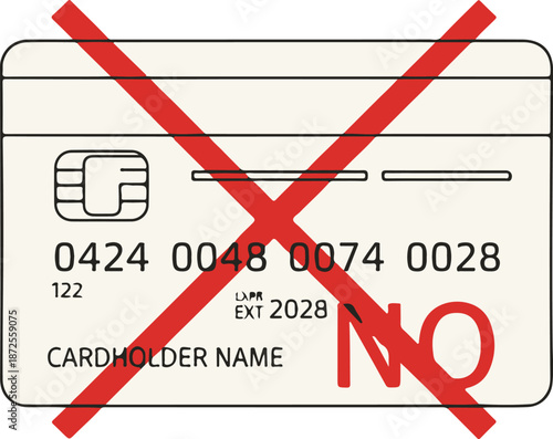 A credit card illustration overlaid with a large red "X" and the word "NO." This vector graphic clearly communicates that credit card payments are not accepted or are currently restricted.