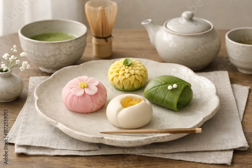 Wallpaper Mural Elegant pink cherry blossom wagashi sweet served on a ceramic plate with pick Torontodigital.ca