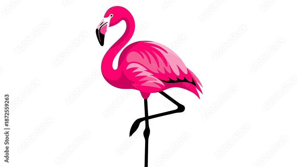 Fototapeta premium A vibrant flamingo lawn ornament stands on one leg against a plain white background from a straightforward viewpoint