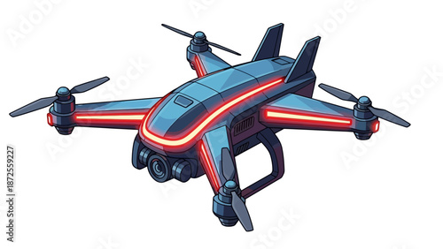 A blue drone with red accents flying in the air with propellers spinning, viewed from below, against a plain background