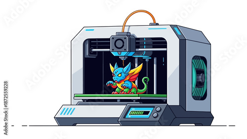 3D printer creating a vibrant, colorful dragon figurine with intricate details in a modern workspace viewed from the front