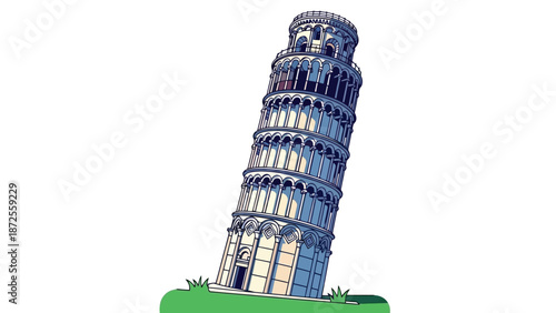 The iconic Leaning Tower of Pisa stands prominently in a lush green field, viewed from a slight angle, showcasing its unique tilt, architectural details, and serene surroundings.