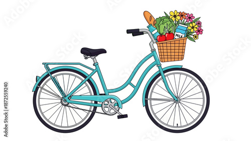 A bicycle with a basket full of flowers and groceries parked on a quiet street