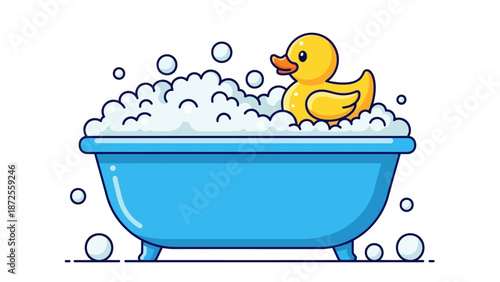 A yellow rubber duck floats among bubbles in a blue bathtub, viewed from the side in a playful cartoon style scene