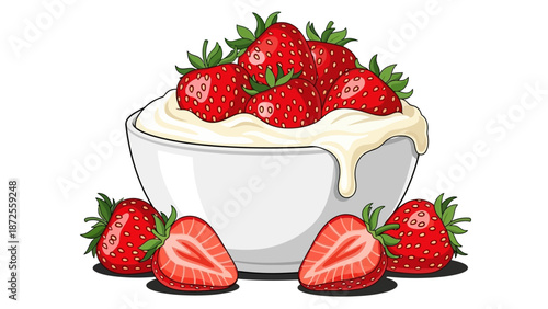 Delicious strawberries with creamy dessert in a bowl, surrounded by fresh fruits on a clean background from a front view