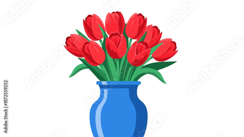 Vibrant red tulips arranged in a blue vase, viewed from the front, against a clean and simple background
