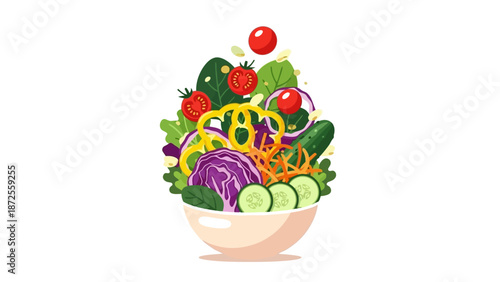 A vibrant salad bowl overflowing with assorted fresh vegetables and fruits, presented from a top-down viewpoint.