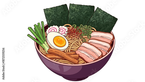 Delicious Ramen Noodle Soup with Sliced Pork, Boiled Egg, and Seaweed Garnish in a Purple Bowl