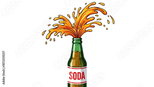 A green glass soda bottle exploding with orange soda splash from the top viewed from the front