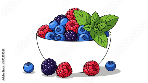 A bowl overflowing with mixed berries and mint leaves, viewed from the side