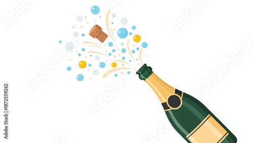 Celebratory champagne bottle splashing cork and confetti in a festive atmosphere from a dynamic viewpoint