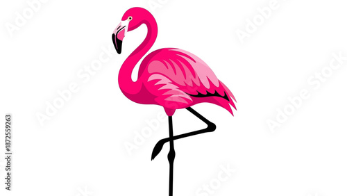 A vibrant flamingo lawn ornament stands on one leg against a plain white background from a straightforward viewpoint