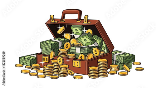 A wooden chest overflowing with stacks of cash and gold coins, viewed from a high angle, symbolizing wealth and financial success
