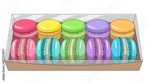 Assorted colorful macarons arranged neatly in a transparent box viewed from above