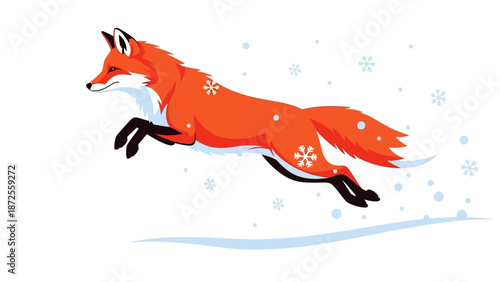 A red fox running through the snow, captured from a side viewpoint in a dynamic illustration