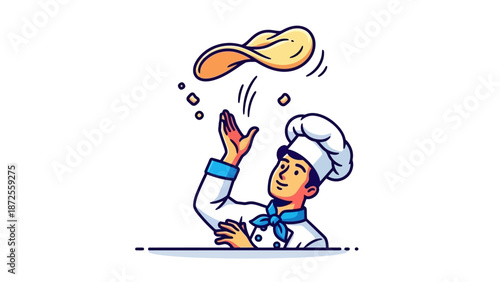 A cartoon chef in a white hat and blue apron skillfully flips a pancake in a kitchen environment from a front viewpoint.
