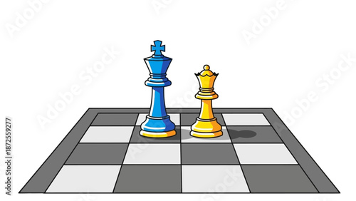 Chess game illustration featuring a blue queen and a yellow king on a chessboard with a checkered pattern