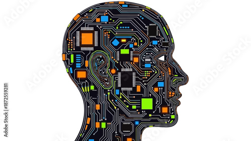 A human head silhouette filled with colorful circuit boards and microchips viewed from the side