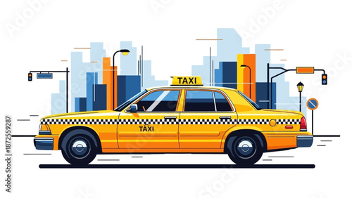 Yellow taxi cab driving through city streets with urban infrastructure and traffic lights