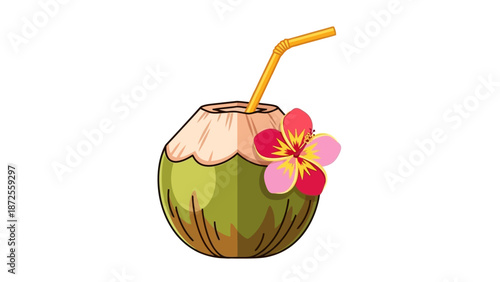 Coconut drink with straw and flower decoration on tropical background illustration