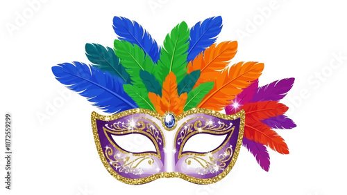 Vibrant Masquerade Mask Adorned with Colorful Feathers and Glittering Details, Front View