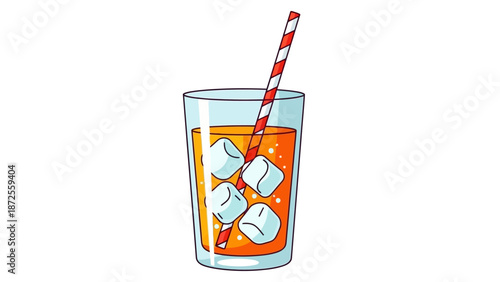 A refreshing glass of orange drink with ice cubes and a striped straw on a clean background from a straight viewpoint