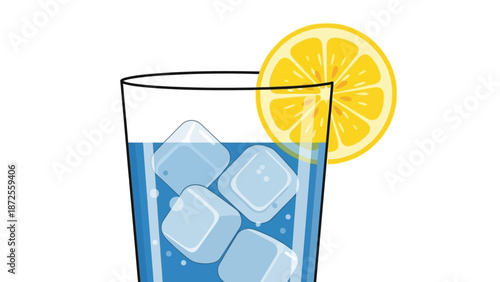 A refreshing glass of blue drink with ice cubes and a lemon slice on the rim, viewed from the side.