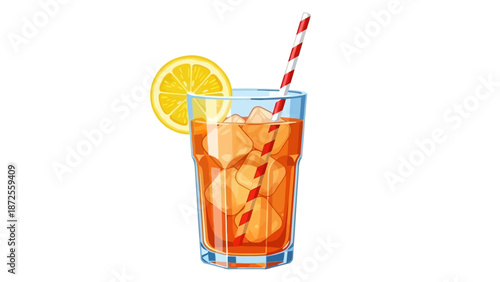A refreshing glass of iced tea with lemon slice and striped straw on a clean background from a straight-on viewpoint