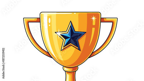 A golden trophy with a blue star on a clean white background, viewed from the front