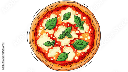 A delicious pizza topped with mozzarella cheese and fresh basil leaves on a wooden crust viewed from above