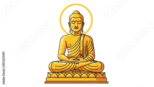 Serene Buddha sitting in meditation on an ornate platform with a halo, illustration, peaceful environment, front viewpoint