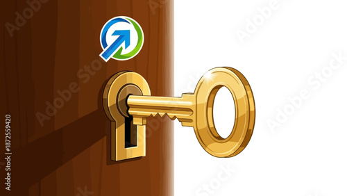 A golden key is inserted into a wooden door lock with a circular logo nearby