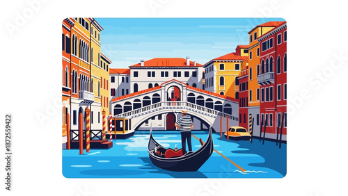 Colorful illustration of a gondola passing under a bridge in a vibrant cityscape with historic buildings