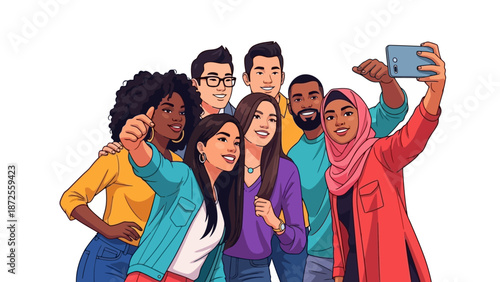 Diverse group of young adults taking selfie together outdoors on a sunny day from a front viewpoint