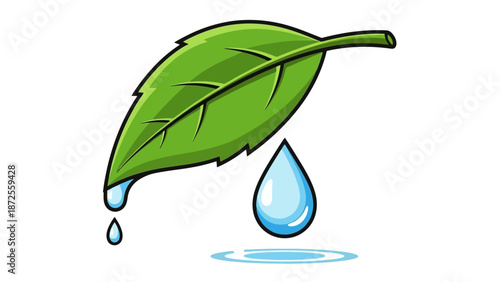 A green leaf with water droplets falling onto a puddle, viewed from the side, showcasing nature's serenity