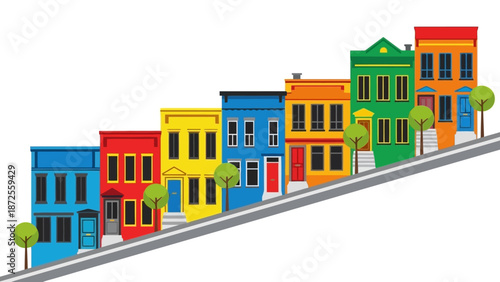 Row of colorful buildings lining a street in a vibrant urban landscape viewed from a slight angle
