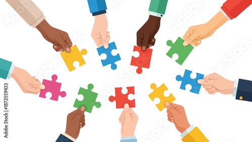 Diverse hands coming together to assemble colorful puzzle pieces in a circular formation