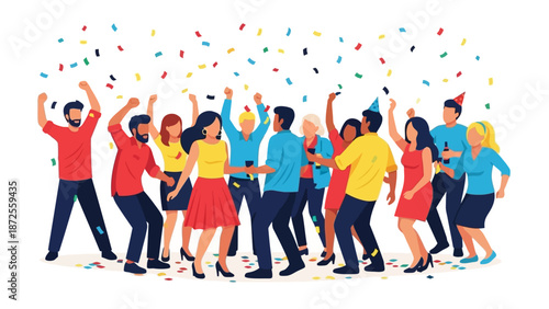 Diverse group of happy people celebrating together with colorful confetti in a lively atmosphere from a front viewpoint