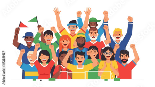 Diverse group of people celebrating together with raised arms and flags in a joyful illustration