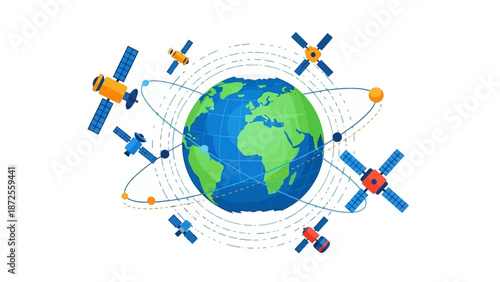 Satellites in orbit around the Earth, illustrating global connectivity and technology in a digital illustration